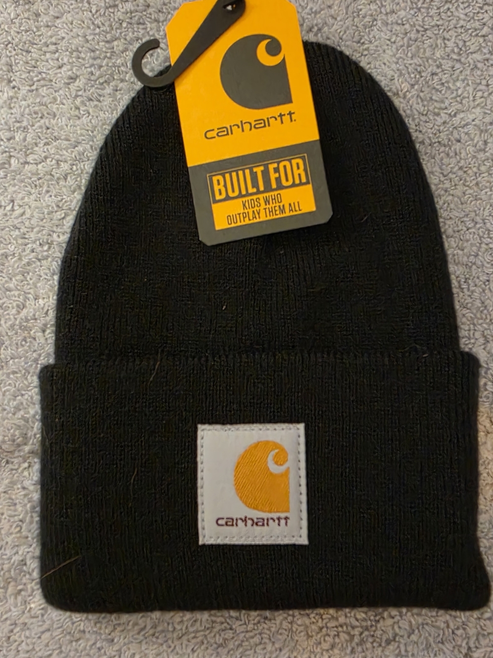 Carhartt Black Knit Cuffed Beanie with Orange Logo Patch